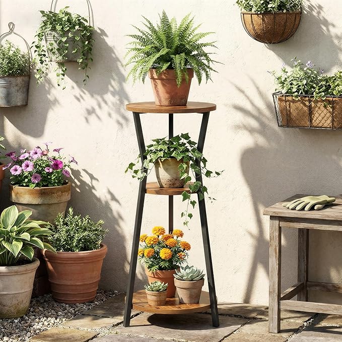 Plant Stand Indoor, 3 Tier Round Corner Plant Stand Indoor, Round Plant Holder Rack, 35" Tall Plant Shelf for Living Room, Balcony, Patio, Rustic Brown and Black PSHR0401