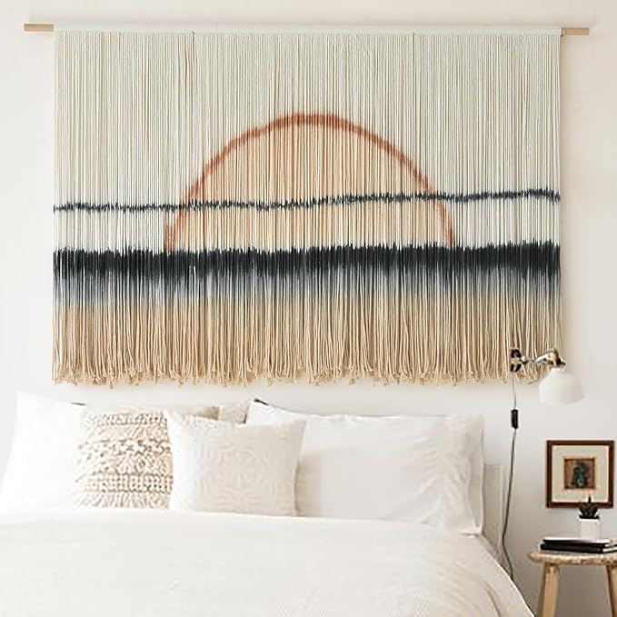 Jakalin Macrame Wall Hanging Large Sunset Dip Dye Boho Tapestry Handmade Woven Cotton Wall Art for Bedroom, Living Room, Above Bed Neutral Modern Minimalist Decor 57" Wx35 L