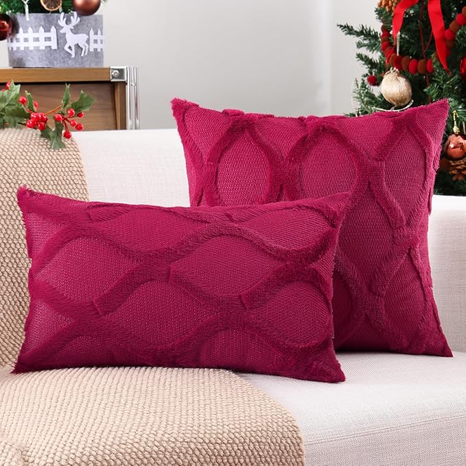 decorUhome Spring Euro Sham Throw Pillow Covers 26x26 Inch Set of 2, Soft Plush Faux Fur Wool Burgundy Accent Couch Pillow Covers for Modern Farmhouse Bed Sofa Living Room