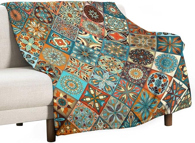 Boho Floral Throw Blanket Mandala Colorful Bohemian Flowers Art Pattern Blanket for Sofa Bed Couch Chair Or Dorm 70"x80"