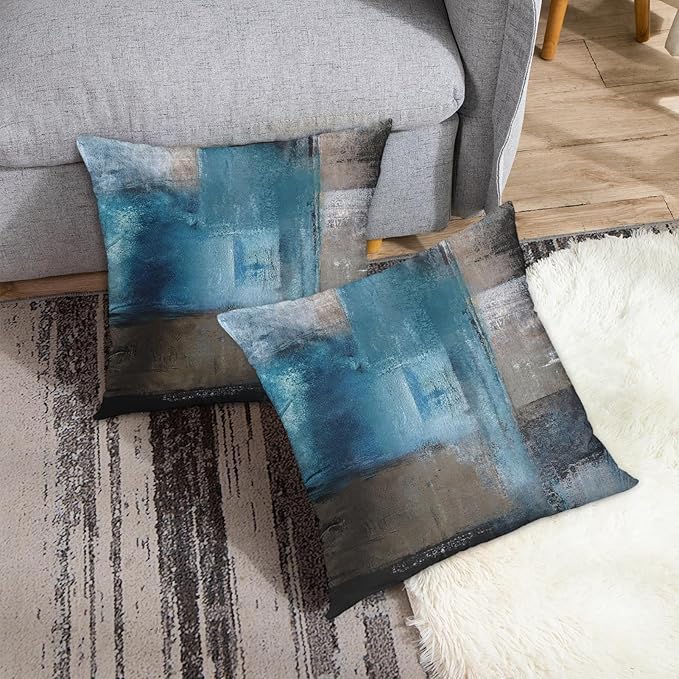 Britimes Throw Pillow Covers Modern Home Art Decor, 16 x 16 Inches Set of 2 Pillow Cases Decorative, Abstract Oil Painting Pillowcases for Bedroom, Living Room, Cushion Couch Sofa, Teal Grey