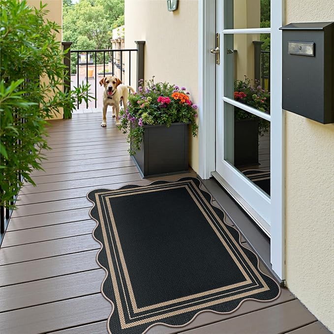 Easy Jute Black Front Door Mat, 2.6x4 Washable Entryway Rug Non Slip Small Kitchen Rug, Farmhouse Low Pile Floor Scalloped Rugs for Bathroom Porch Doorway