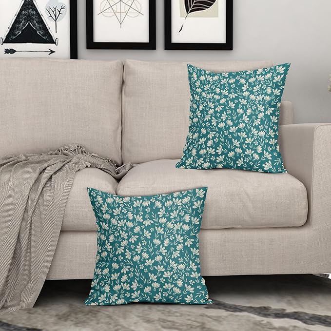 Teal Pillow Covers 24x24 Set of 2 Vintage Floral Rustic Old Style Cute Flower Print Decorative Outdoor Pillowcases Seasonal Farmhouse Throw Cushion Case Decor for Couch Sofa Bed