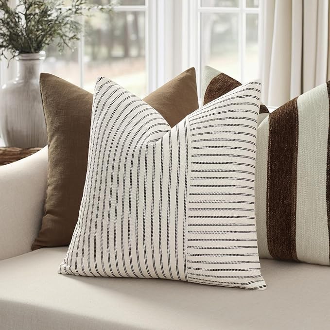 YCOLL Farmhouse Pillow Covers 20x20, Modern Accent Square Throw Pillow Covers Set of 2, Black and Beige Striped Patchwork Linen Decorative Pillows Cushion Covers for Couch Chair Bedroom Home Decor