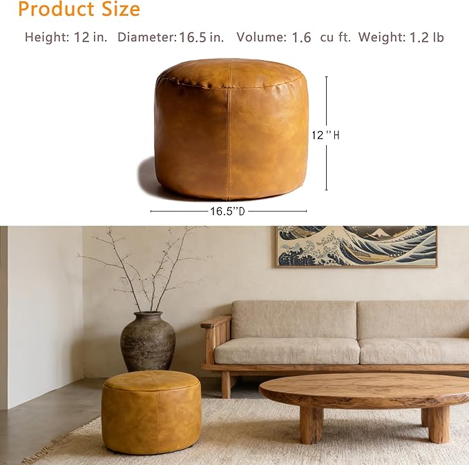 Thgonwid Unstuffed Faux Leather Pouf Cover, Handmade Footstool Ottoman Storage Solution, Floor Footrest Cushion - 16.5”Dx12”H, Yellow