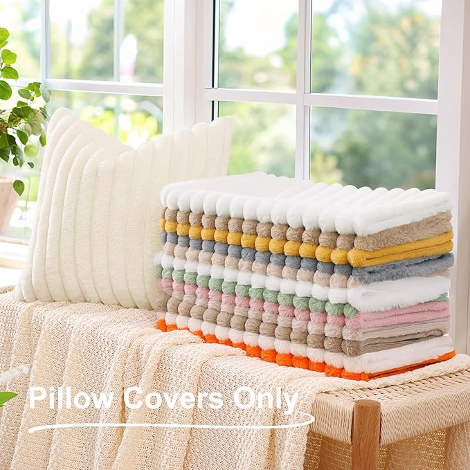decorUhome Summer Cozy Faux Fur Throw Pillow Covers 16x16 Set of 2 Decorative Soft Plush Striped Modern Farmhouse Boho Couch Pillow Cases with Velvet Back for Sofa Bed Living Room, Sage Green