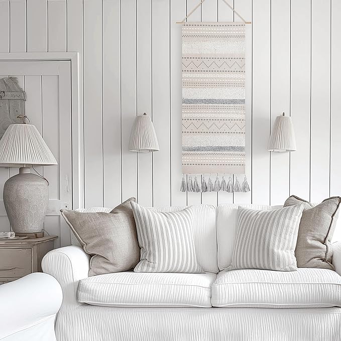 BlissBlush Long Vertical Wall Hanging Tapestry Woven Boho Farmhouse Decor Gray Cream Tassel Handmade Wall Art Decoration for Bedroom Living Room Dorm Nursery Apartment, 16x39 INCH