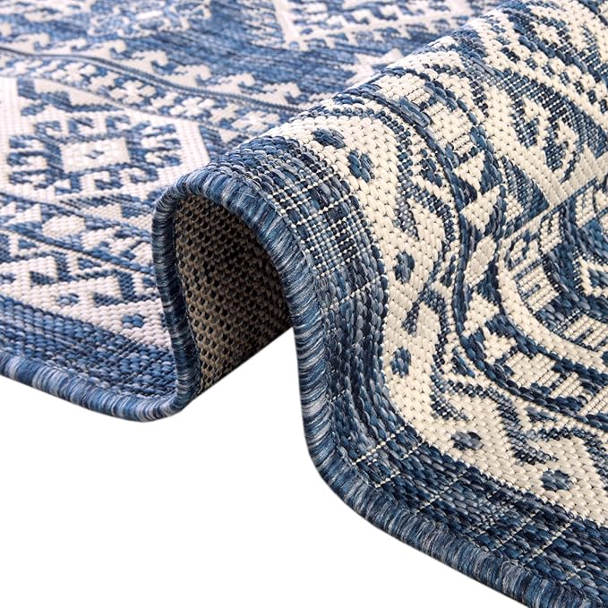 Rugs.com Outdoor Aztec Collection Rug – 2x4 Hearth Blue Flatweave-Pile Rug Perfect for Living Rooms, Large Dining Rooms, Open Floorplans