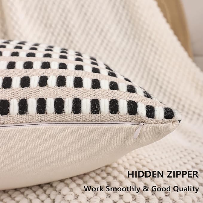 Tosleo Black and White Pillow Covers 18x18 Set of 2 Boho Throw Pillow Covers Stripe Tufted Decor Pillow Cases Accent Chenille Pillowcases Farmhouse Cushion Case Bohemian Nuetral Textured Pillow Cover