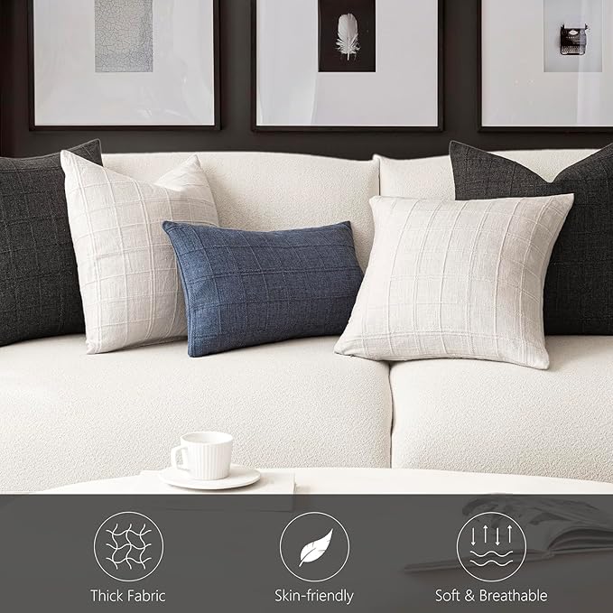 Foindtower Set of 2 Decorative Linen Check Throw Pillow Covers Neutral Farmhouse Vintage Cushion Covers Modern Boho Home Decor for Sofa Chair Couch Bedroom Living Room,16×16 Inch,Charcoal