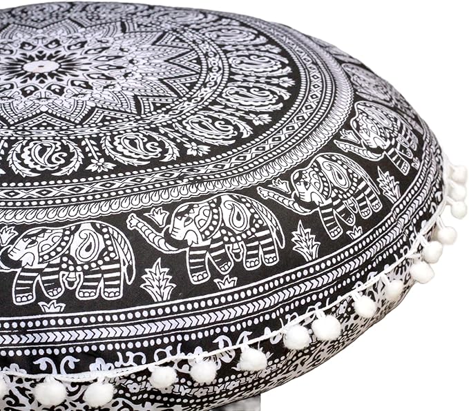 Round Mandala Floor Pillow Cover Seating Cushion Throw Cover Hippie Decorative Bohemian Ottoman Pouf Cover, Pom Pom Pillow Cases,Boho Indian 22 Inches (Black Elephant Flower)