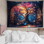 LB Forest Library Tapestry for Classroom- Pink Orange Tree Blue Butterfly Tapestries Wall Hanging- Witchy Book Vintage Bookshelf Art Wall Decor for Living Room Bedroom College Dorm,60x40 inches