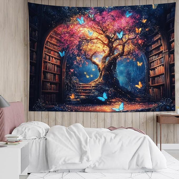LB Forest Library Tapestry for Classroom- Pink Orange Tree Blue Butterfly Tapestries Wall Hanging- Witchy Book Vintage Bookshelf Art Wall Decor for Living Room Bedroom College Dorm,60x40 inches