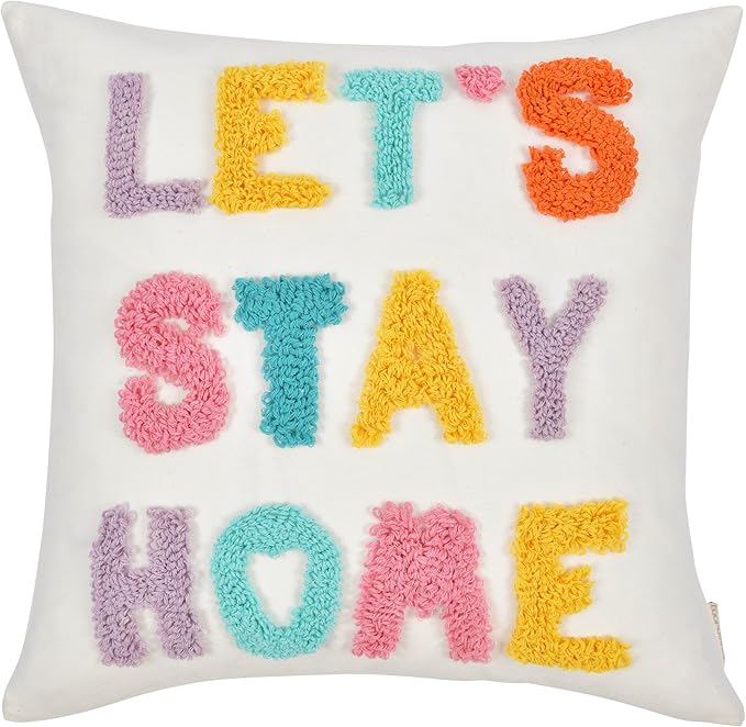 "Let's Stay Home Boho Pillow Covers 18X18 Inch Decorative Words Tufted Throw Pillow Covers Farmhouse Pillow Case for Couch Sofa Bed Living Room Bedroom, Teal/Yellow/Lilac/Pink