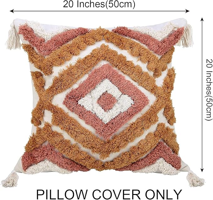 Merrycolor Boho Throw Pillow Covers 20x20 with Tassels, Decorative Pillow Covers Woven Tufted Bohemian Pillow Covers for Couch Sofa Bedroom Living Room