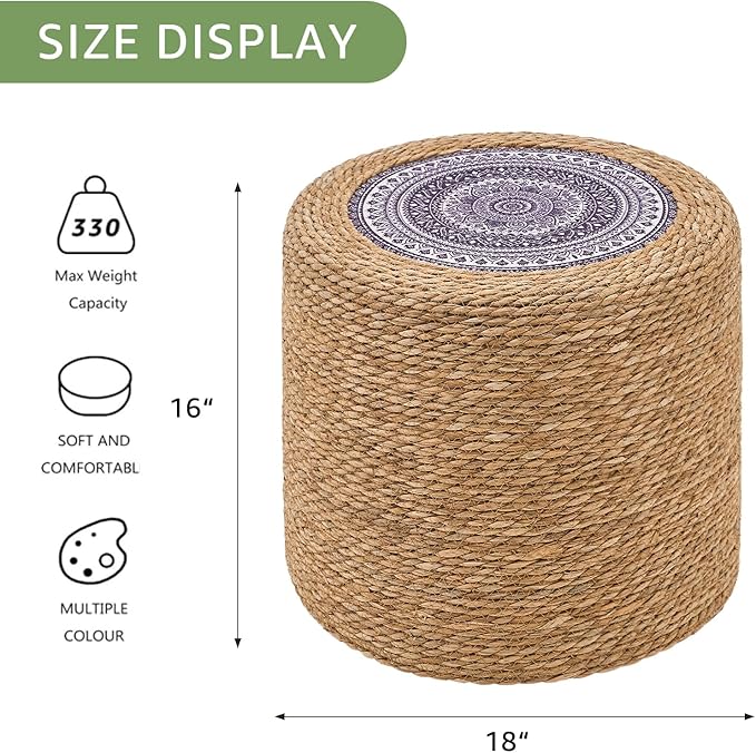 Wimarsbon 18'' Ottoman Pouf, Natural Braided Poof, Rustic Handweave Lounge Pouffe, Boho Footrest Stool for Bedroom, Accent Table for Living Room (18inch Natural Cattail-Boho Style 2)