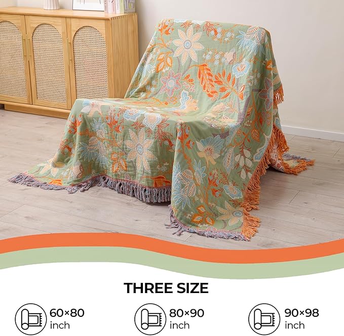 Boho Throw Blanket for Bed-Soft Cotton Rustic Quilt 80"×90",Floral Printed Farmhouse Decor Muslin Bed Blankets for Sofa Couch Chair, Seasons