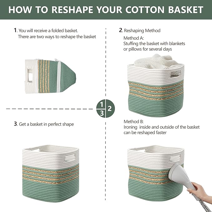 UBBCARE Set of 3 Storage Cubes 13 X 13 X 13 in, Water Hyacinth Storage Bins for Shelves, Toys, Book, Storage Baskets with Handles, Cotton Rope Woven Baskets for Organizing, Green