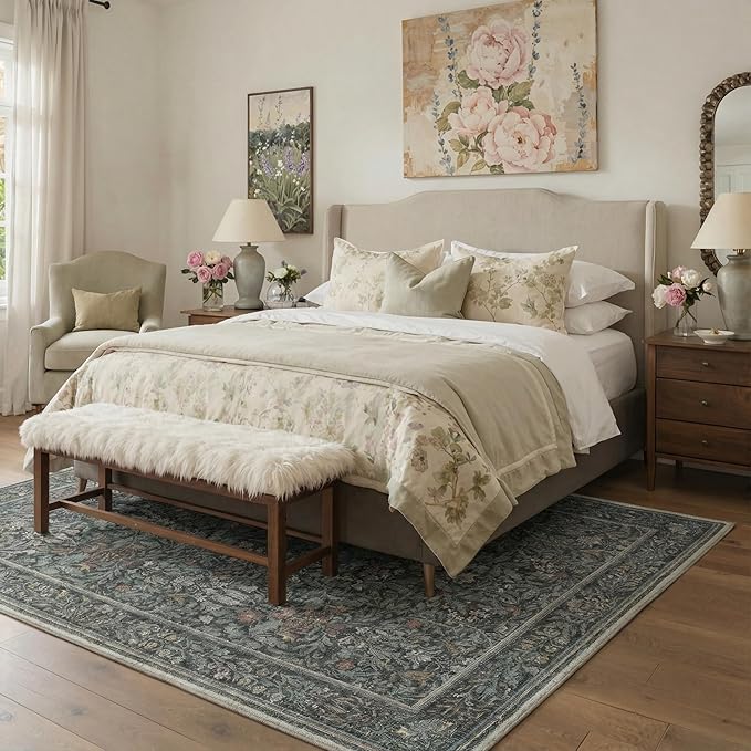 GENIMO 2x6 Runner Rug Non Slip Washable, Vintage Floral Kitchen Runner Rug, Low Pile Lightweight Hallway Runner for Laundry Room, Bathroom, Bedroom, Charccoal Green