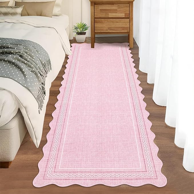 Garvee Scalloped Washable Runner 2x6 Runner Rug Kitchen Rugs Non Slip Washable Modern Entryway Rug Soft Low Pile Boho Bathroom Rugs Stain Resistant Carpet for Laundry Bedroom 2'x6' Pink