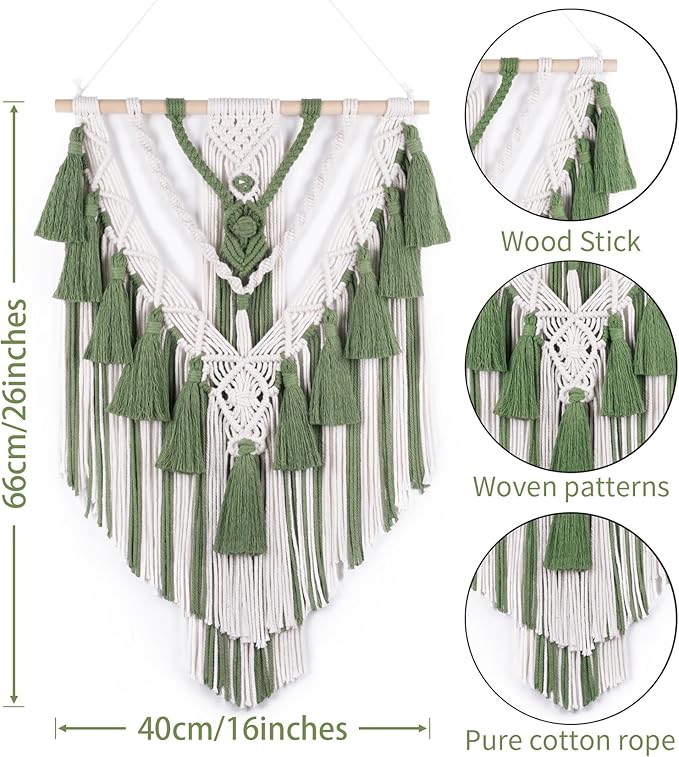 EOBTAIN Green Macrame Wall Hanging Handmade Boho Macrame Wall Decor with Yarn Tassel Bohemian Tapestry Woven Wall Art for Living Room Bedroom Home Apartment Nursery Dorm Decorations,16" W x 26" L
