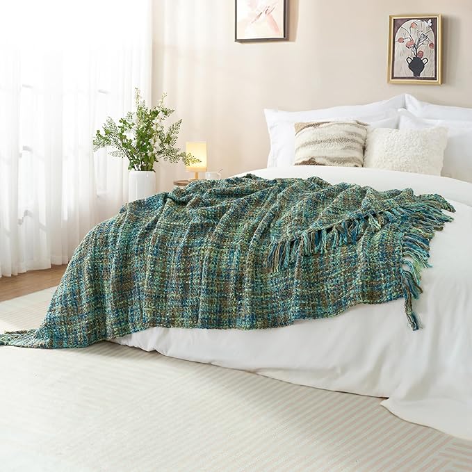 Multi-Color Green Cable Woven Throw Blanket for Couch,50"X60" Boho Style Textured Blankets for Home Decor,Super Soft Warm Cozy Chunky Blanket with Decorative Tassels for Bed and Sofa