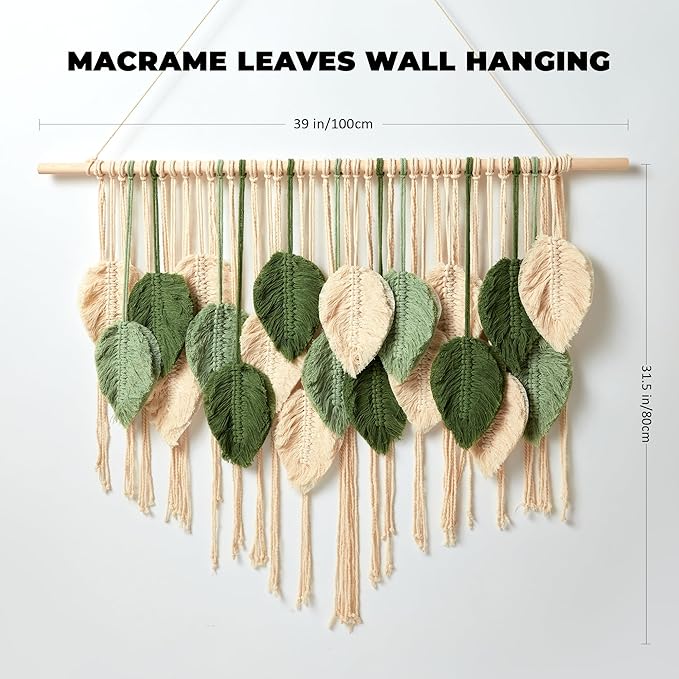 Macrame Wall Hanging Boho Wall Tapestry Handmade Woven Leaf Wall Decor Crochet Wall Art for Home Office Apartment (Green, 39.4" W x 31.5" L)