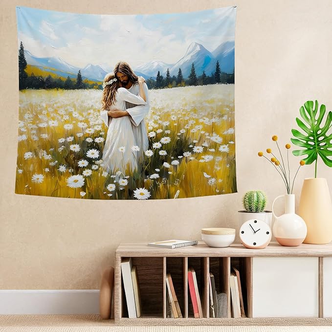 bitCNY Jesus Embracing Woman Tapestry 60x50 Inches – Inspirational Christian Wall Art, Flower Field Tapestry for Bedroom Living Room, Faith and Hope Decor