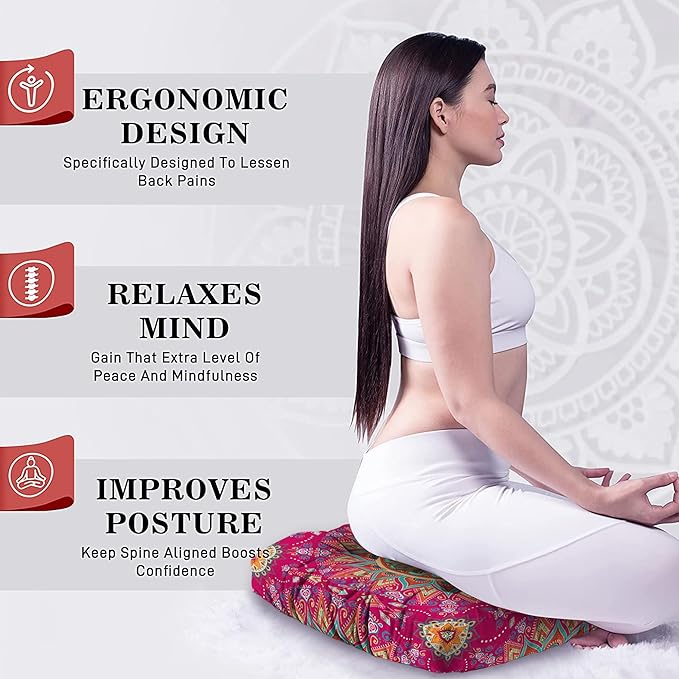 Mandala Meditation Cushion, Boho Meditation Mat, Meditation Pillows for Sitting on Floor, Cushions for Sitting in Home and Outdoor, Square Floor Pillow Cushion Seating for Yoga Accessories 22'' X 22''