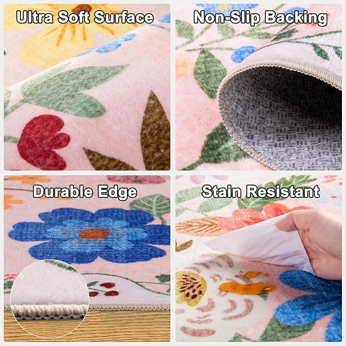 Round Area Rug for Living Room: 6 ft Floral Washable Circle Rug Soft Boho Non-Slip Carpet Indoor Stain Resistant Low Pile Small Circular Rug for Bedroom Entryway Kitchen Nursery Home Office Beige