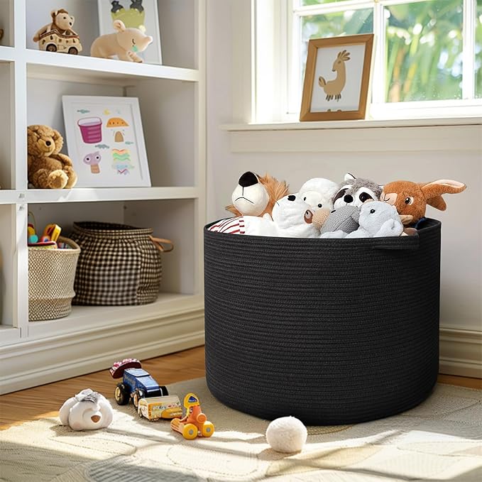 115L Super Large Black Blanket Basket, 23.6"x15.7" Woven Rope Bin for Storage, Oversized Kids Dog Toy Storage Box Bins, XXXL Blanket Holder for Living Room, Jumbo Wicker Basket for Organizing