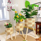 Boho Rattan Plant Stand Set of 3 – Handwoven Wicker Mid-Century Modern Floor Planter Stand for Indoor Plants, Large Farmhouse Decor, Sturdy Wood & Rope Design, Housewarming Gift