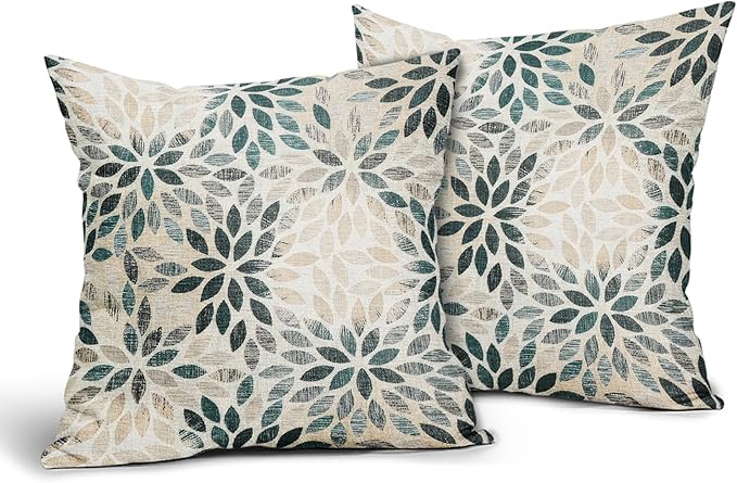 Kawani Teal Dahlia Throw Pillow Covers 18x18 Inch Turquoise Geometric Flower Decorative Square Pillow Cases Beige Tan Gray Floral Cushion Covers Farmhouse Home Decor for Sofa Couch Outdoor Set of 2