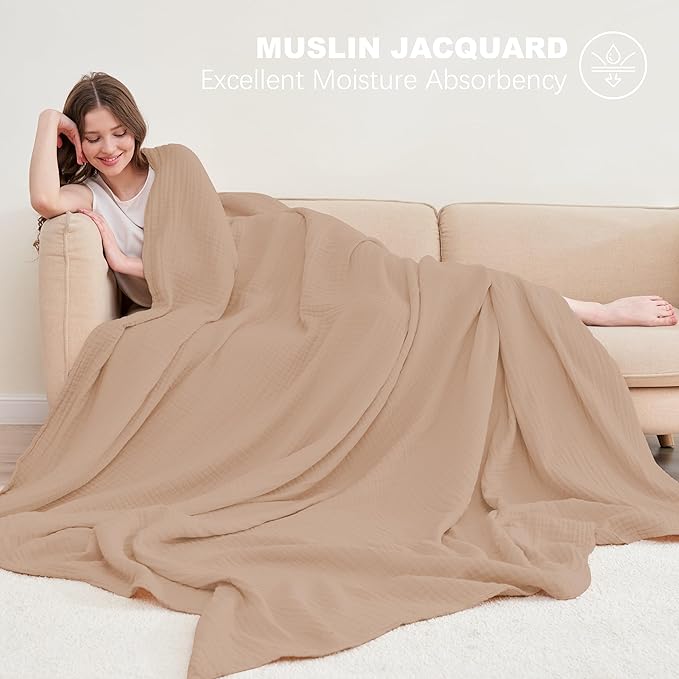 Cosy Family 4 Layer Muslin Bed Blanket - Breathable Lightweight Gauze Boho for Spring, Soft 100% Cotton, Brown, 80x90 Inches