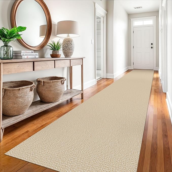 EARTHALL Extra Long Runner Rug 3x16 Ft Washable Runners for Hallways Cotton Non Slip Entryway Runner Braided Kitchen Runner Indoor Outdoor Carpet Runners for Hotels, Hall, Stair, Golden Beige/White