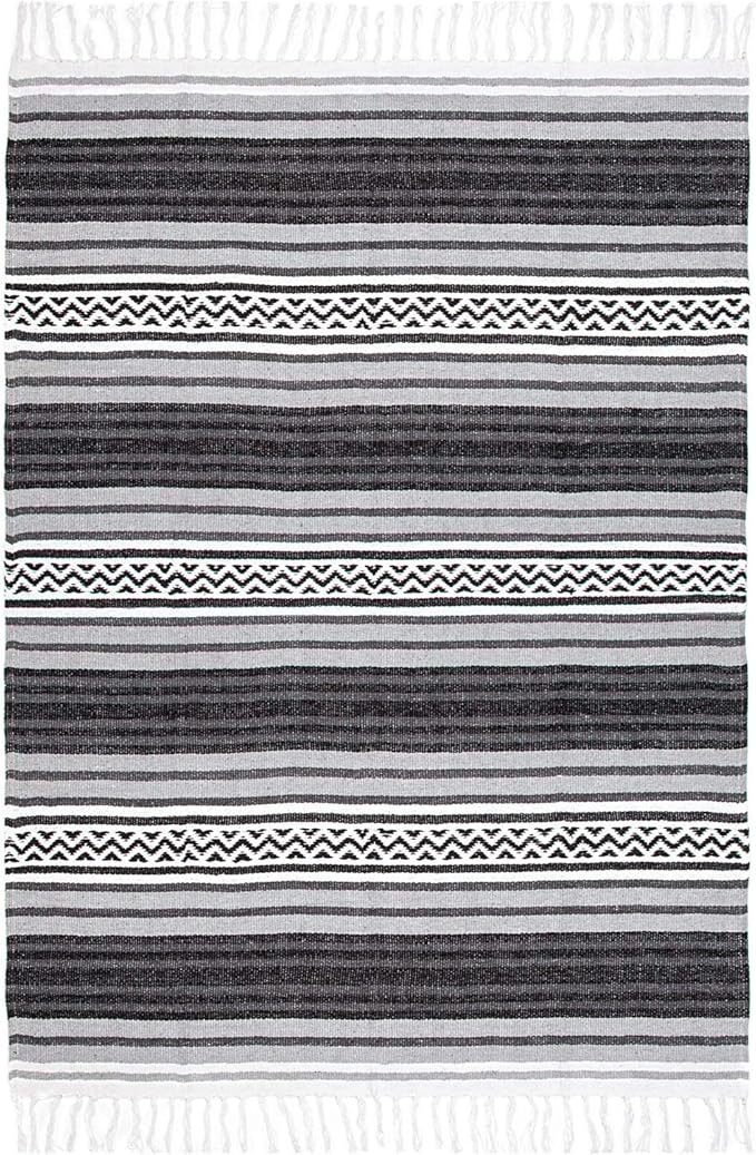 Americanflat 50x70 Authentic Mexican Throw Blanket - Falsa Blanket - Soft Cotton Throw Blankets for Indoor or Outdoor - Use for Yoga, Meditation, or Beach - Grey Stripes