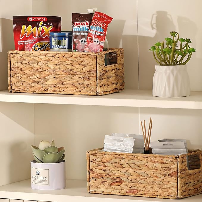 Vagusicc Wicker Storage Basket, Set of 2 Hand-Woven Storage Baskets for Organizing, Small Wicker Basket for Toilet Paper, Foldable Cube Organizer Bins for Shelves and Bathroom (Water Hyacinth)