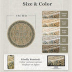 Round Washable Rugs 4ft for Bedroom Living Room, Low Pile Thin Entryway Area Rugs Non Slip, Traditional Medallion Printed Circle Carpet for Kitchen Dining Room, Multi Brown/Green