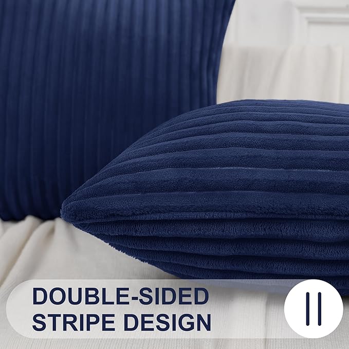Simmore Decorative Spring Throw Pillow Covers 20x20 Set of 2, Soft Natural Plush Flannel Double-Sided Fluffy Couch Pillow Covers for Sofa Living Room, Navy Blue
