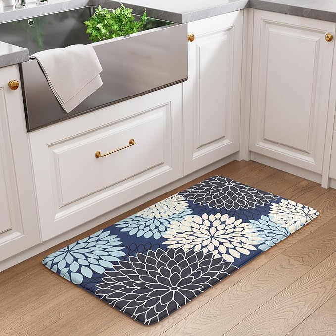 KIMODE Anti Fatigue Kitchen Mat 17.3"x29", Padded Dahlia Kitchen Floor Mats Non Slip, Waterproof Kitchen Mat for Floor, Farmhouse Comfort Standing Mat for Laundry, Office, Sink, Desk Mutil-Blue