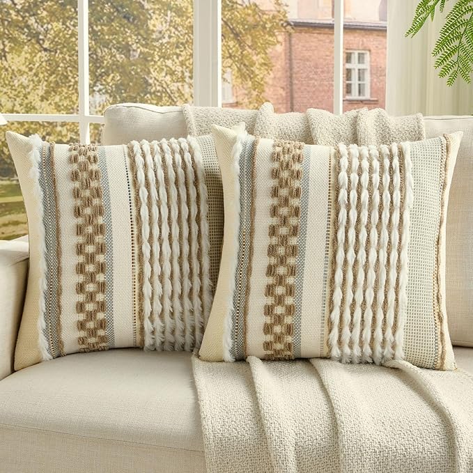 FUTEI Coffee Accent Throw Pillow Covers Set of 2, 18x18 Inch Plush Tufted Striped Textured Decorative Cushion Cases for Farmhouse Boho Couch Decor