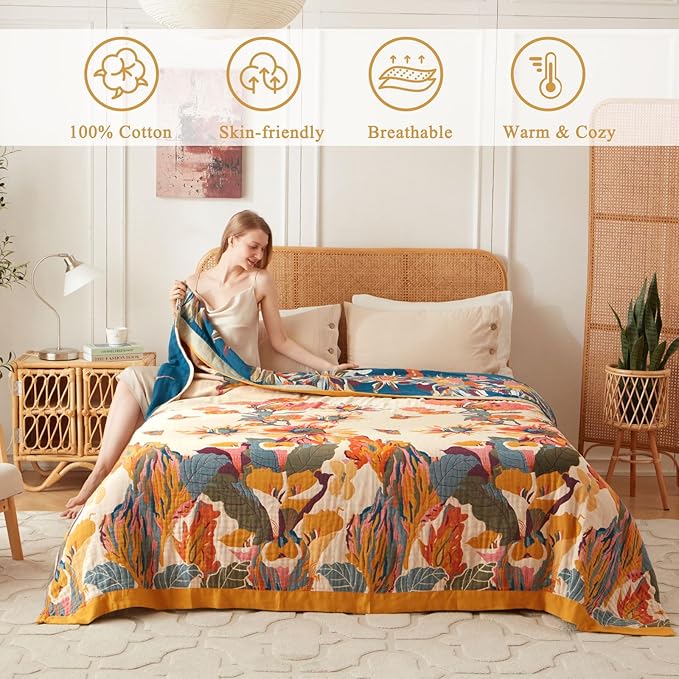 Boho Throw Blanket for Bed -90x90 Inch Spring Blanket 100% Cotton Muslin Cozy Reversible Breathable Throw All-Season for Sofa & Bedroom Quilt Floral Decor Blankets Washable