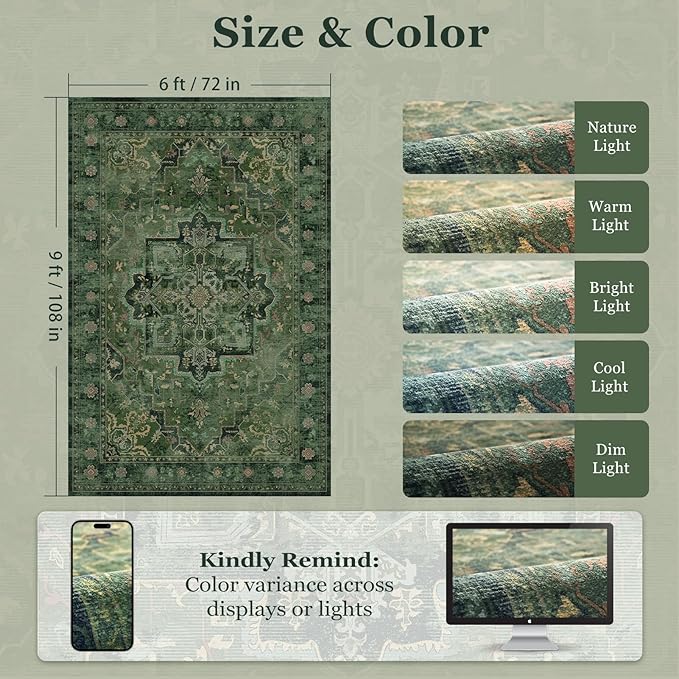 Dark Green Tranditonal 6x9 Area Rugs for Living Room, Vintage Distressed Medallion Printed Low Pile Thin Rugs for Bedroom, Washable Non Slip Soft Carpet for Dining Room Home Office Guest Room
