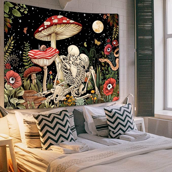 Accnicc Mushroom Skull Tapestry Skeleton Lover Floral Plant Tapestries for Bedroom Aesthetic Cool Nature Moon Star Wall Art for Dorm Living Room Decor (Red, 80'' × 60'')