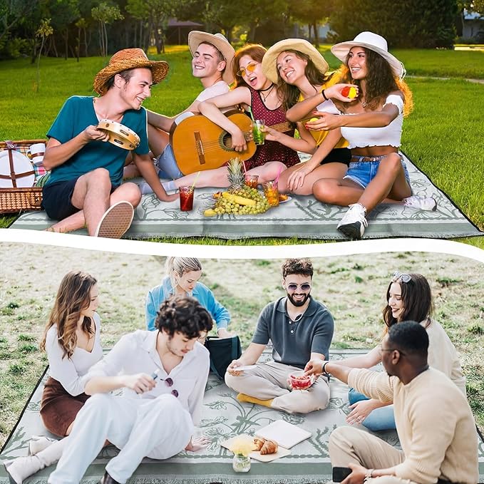 91x 71 in Extra Large Outdoor Picnic Blanket with Waterproof Mat Oversize Beach Woven Cotton Yarn Blanket with Fringe Machine Sandproof for Spring Summer Camping Beach Park(Plants,Green)