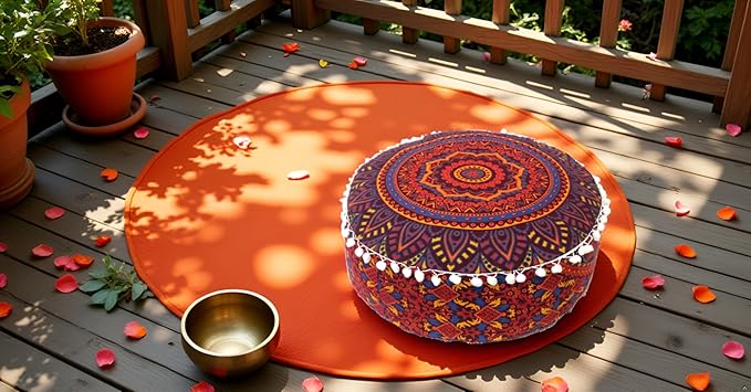 INDIAN CRAFT CASTLE ICC Floor Pillows & Cushion Covers Decorative Hippie Mandala Pouf Pillow Covers Seating Meditation Cushion Cover Large Boho Ottoman Case Pillowcase Couch New Orange, 24" Round