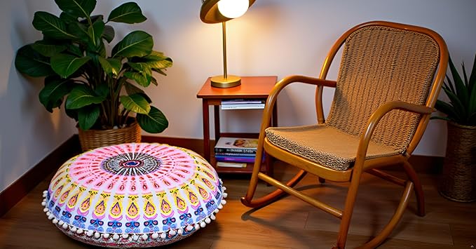 CRAFT KALA 22" Floor Pillows Cover for Sitting, Large Meditation Cushions Cover for Adults, Bohemian Mandala Round Pouf Seating Ottoman Cover for Outdoor Yoga and Living Room Pink Yellow Floral