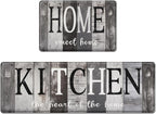 Arttown Farmhouse Anti-Fatigue Kitchen Rug Set of 2 Black Gray Wooden Cushioned Floor Standing Mat Waterproof Non-Slip Mat and PVC Ergonomic Comfort Foam Rug