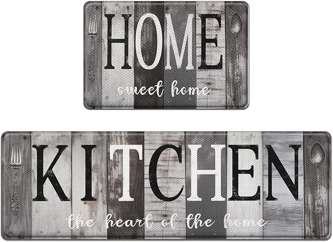 Arttown Farmhouse Anti-Fatigue Kitchen Rug Set of 2 Black Gray Wooden Cushioned Floor Standing Mat Waterproof Non-Slip Mat and PVC Ergonomic Comfort Foam Rug