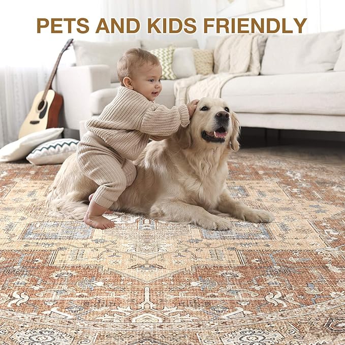Round Washable Area Rug 8ft, Boho Vintage Distressed Oriental Medallion, Neutral Blue, Thin Carpet for Living Room Bedroom Home Office Decor